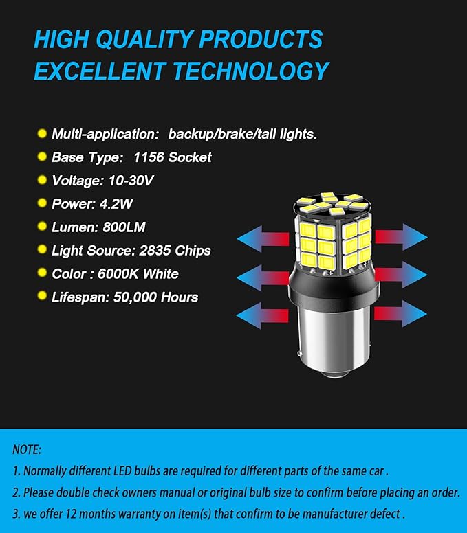 Serundo Auto 1156 Led Bulb, 12V 24V Super Bright 1141 1003 BA15S LED Bulbs Used for Back Up Reverse Lights, Tail Lights, RV lights,Lawn Mower etc. Pack of 2pcs White