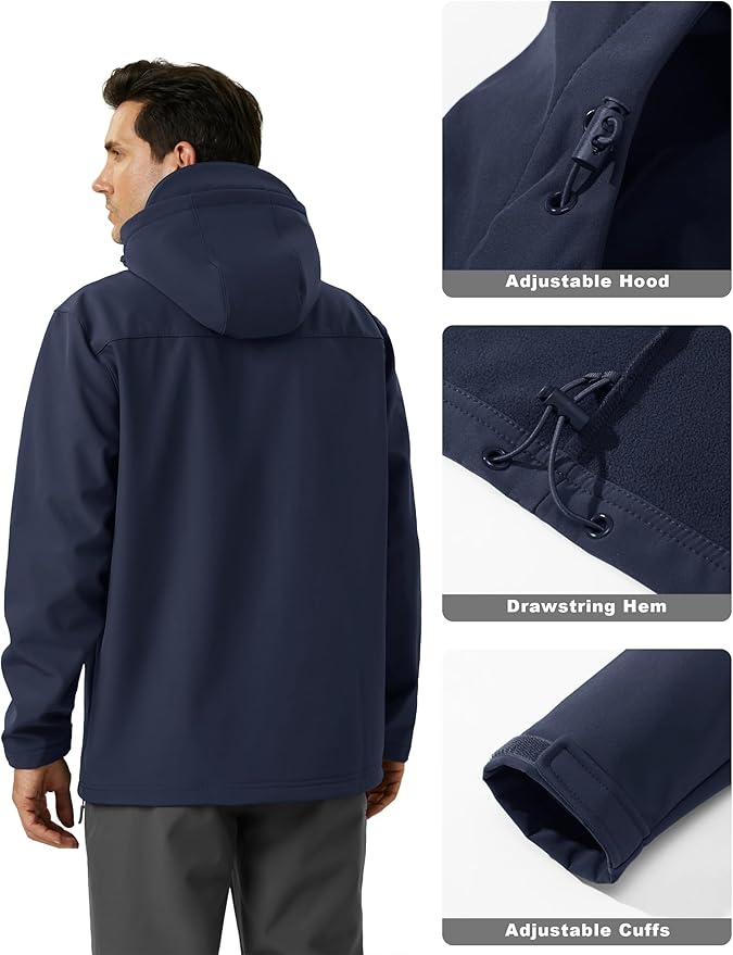 MAGCOMSEN Men's Waterproof Fleece Lined Rain Jacket Lightweight Softshell Raincoat with Hood Winter Hiking Windbreaker
