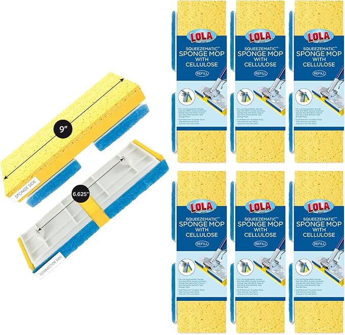LOLA Cellulose SqueezeMatic Butterfly Sponge Mop Refill, 9", 6 Pack, Refill Head, Floor Cleaning, Compatible w/Quickie Type S Sponge Mop