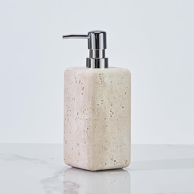 Ivory Travertine Soap Pump, Refillable Bathroom Liquid Dispenser with Stainless Steel Pump, Natural Organic Stone Hand Lotion Dispenser, Pump Bottle Dispenser for Bathroom and Kitchen Countertop