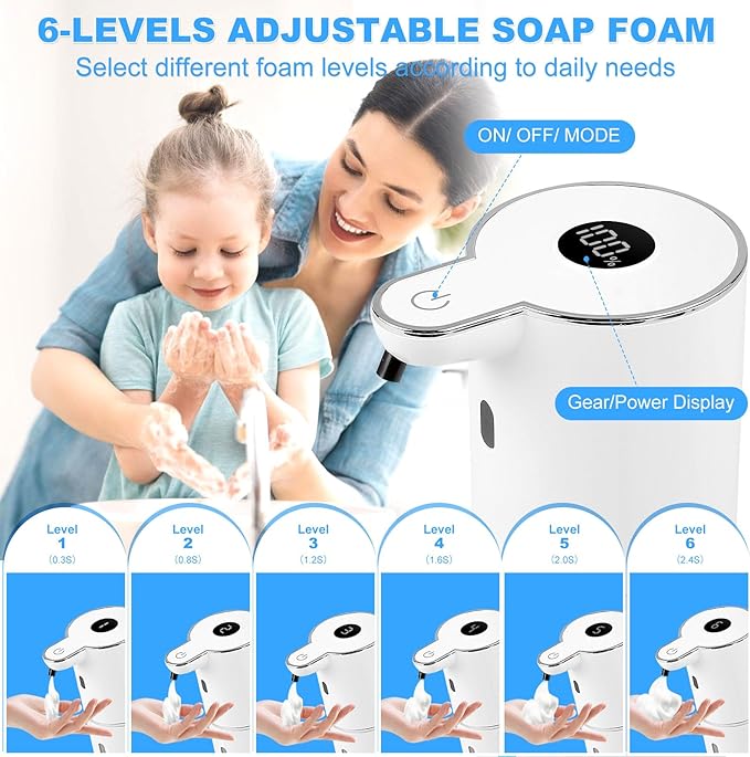 Automatic Soap Dispenser Touchless, Rechargeable Foaming Hand Soap Dispenser with 6 Adjustable Levels & Waterproof Design | Hands-Free Dispenser for Bathroom, Kitchen, Dishwashing & Shower