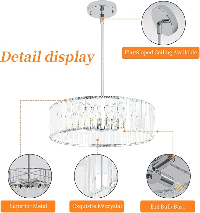 4-Light Chrome Crystal Chandelier,Modern Dinning Room Light Fixture,Round Pendant Light Kitchen Island,Semi Flush Mount Ceiling Light for Hallway Living Room Entryway Bedroom,16 Inch