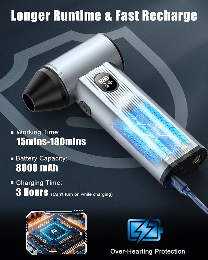 Compressed Air Duster with150,000RPM Brushless Motor, 8000mAh Battery, LED Light, 4-Gear Adjustable Electric Air Blower for Home, Car, Computer, Outdoor