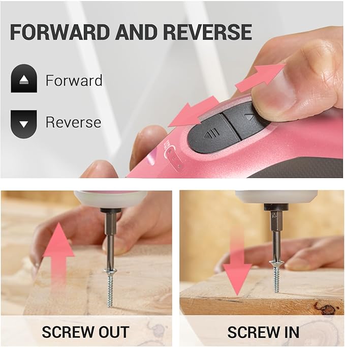 DCA 4V Electric Screwdriver Set, 5 N.m with 2000 mAh Li-ion Battery, 1/4" Magnetic Hex Chuck, USB-C Charging Cable, 18 Driver Bits for Furniture Repairs, Pink