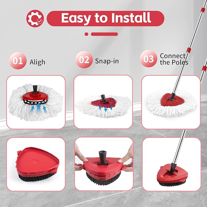 Spin Mop Replacement Mop Compatible with O Cedar 1 Tank System, 2 Microfiber Mop Heads Replacements, 58" Mop Replace Handle, 1 Scrub Brush Attachment and 1 Mop Base for Ocedar EasyWring Spin Mop