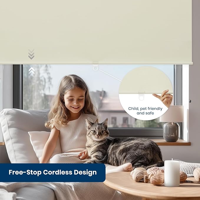 100% Blackout Roller Shades Cordless Blinds for Indoor Windows,Free-Stop Window Shades Pull Down,Thermal Insulated Fabric UV Protection,Blackout Window Guard Blinds for Home,Office,Ivory,48" W x 72" H