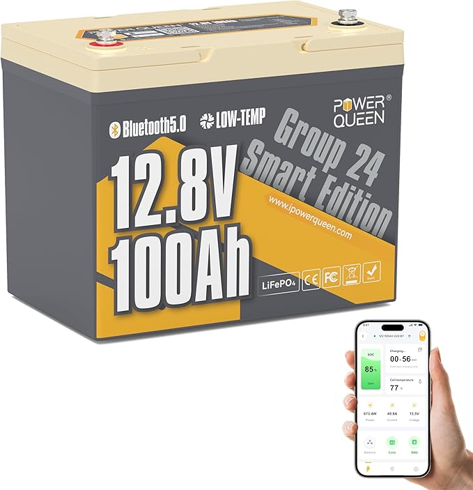 Power Queen 12V 100Ah Bluetooth LiFePO4 Battery, Group 24 Deep Cycle Battery Max. Output Power 1280W, 100A BMS with Low-Temp Cut-off Protection for RV, Trolling Motors, Solar System