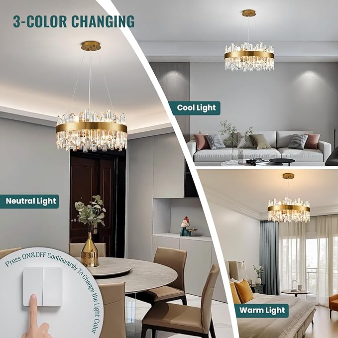 Siljoy Modern Crystal Chandelier, 12-Light Luxury Round 2-Tiers K9 Crystal Raindrop Chandelier, Brushed Brass Gold Crystal Pendant Ceiling Light for Living Dining Room Kitchen Island Foyer D19.7''