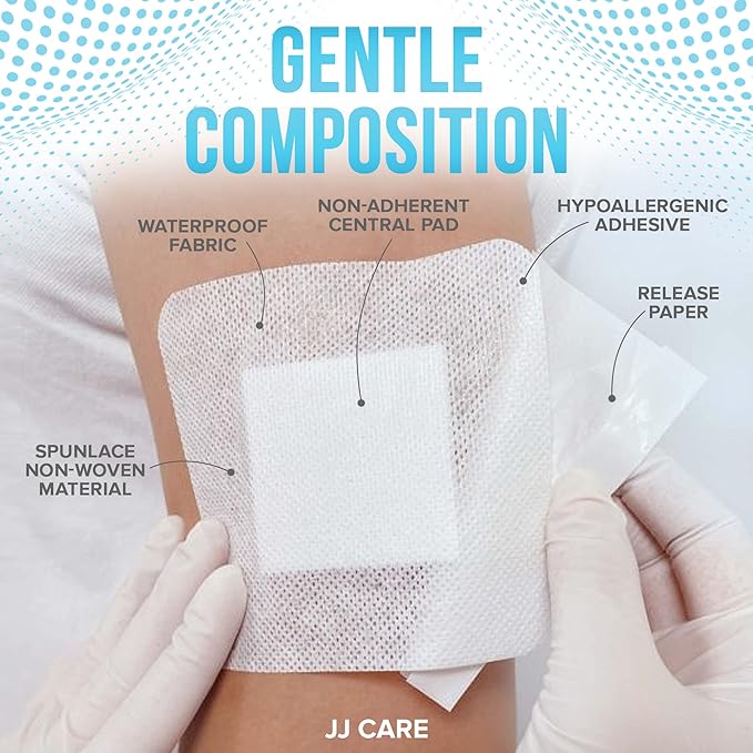 JJ CARE Waterproof Adhesive Island Dressing [Pack of 50], 4" x 4" Sterile Bordered Gauze, Breathable Island Wound Dressing, Individually Wrapped Adhesive Gauze Bandages with Non-Stick Central Pad