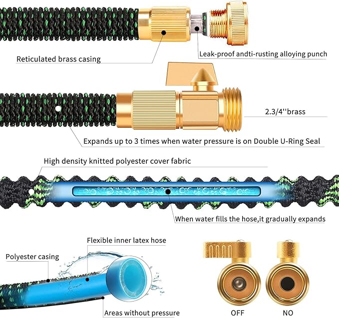 50FT Expandable Garden Hose - with 10-Function Spray Nozzle - Lightweight, Flexible, 3/4" Solid Brass Fittings-Green