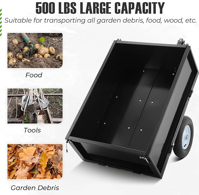 500 LBS Tow Behind ATV Trailer Dump Cart, Heavy Duty Pull Behind Yard Wagon Garden Cart with 2 Wheels, for Tractor, ATV, UTV, Outdoor Lawn Mower