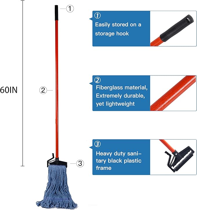 Matthew Easy Trigger Release Mop Handle 60 inch Metal Mop Stick,Commercial Mop Head Replacement Holder for Floor Cleaning,Clip On Mop Handle Quick Change for Wet Mop Head - 6Pack Red