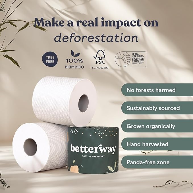 Betterway Bamboo Toilet Paper 3 Ply - Sustainable Toilet Tissue - 24 Long-Lasting Rolls & 360 Sheets Per Roll - Septic Safe - Organic, Plastic & PFAS Free - FSC Certified