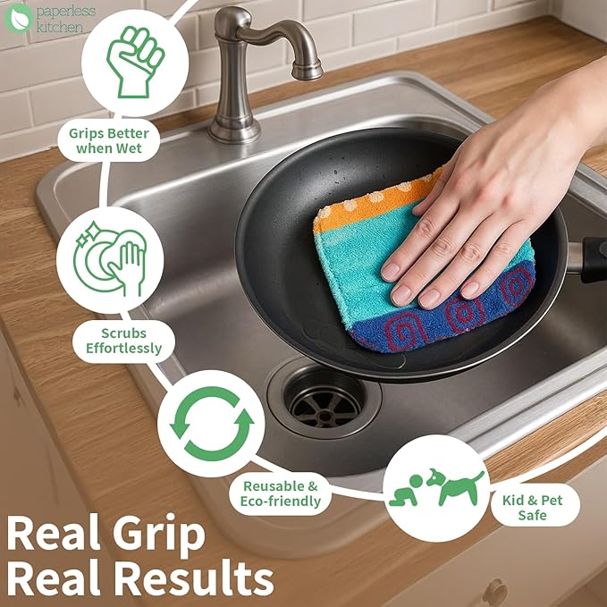 Kitchen Dish Scrubbers | Soft Scrub for Dishes | Non-Scratch Cleaning Pads for Kitchen | Made from Cotton Fiber | Safe on All Surfaces | Long-Lasting & Easy to Clean | Pack of 8