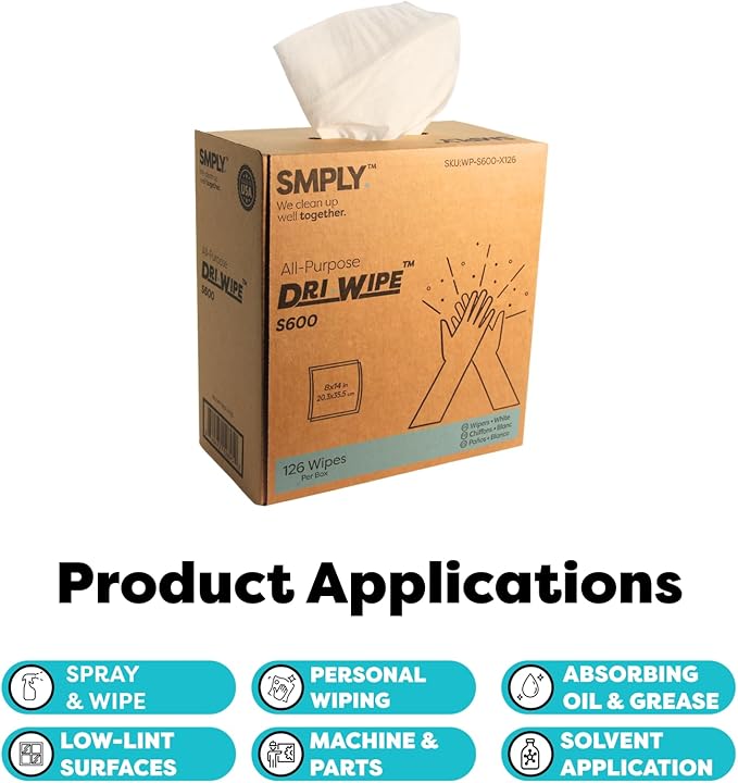 Dri-Wipe S600 by SMPLY Brands – All-Purpose Disposable Wipes, 10 Boxes of 126 (1,260 Total), Strong Alternative to Shop Towels & Paper Towels, 8" x 14" Center-Pull Sheets
