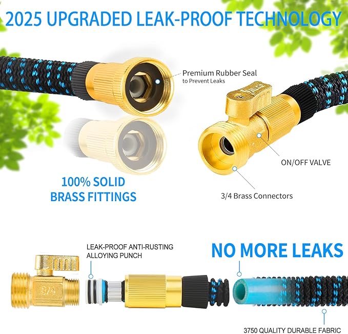 200 ft Expandable Garden Hose - 2025 New Kink Free Flexible Water Hose 200ft with 10 Pattern Spray Nozzle, 3/4 Solid Brass Connectors, Retractable Latex Core - Lightweight Expanding Hose