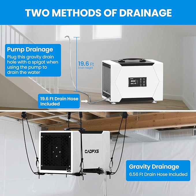CADPXS Crawl Space Dehumidifier with Pump and Drain Hose, 80 Pint Crawlspace Dehumidifier for Commercial, Basement, Water Damage Use, Auto Defrost, Memory Start, cETL Certified, Up to 1000 Sq Ft