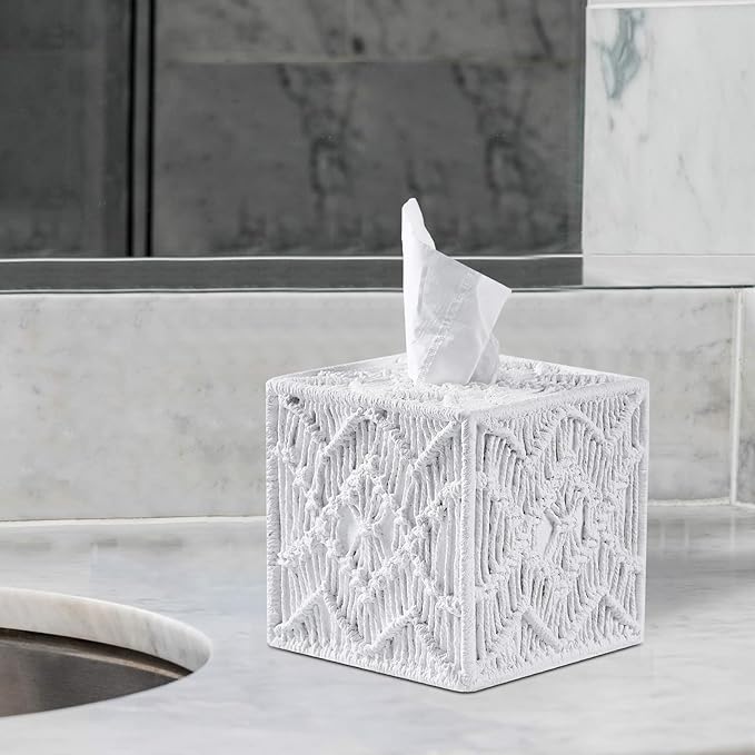 White Woven Macrame Boho Tissue Box Cover Square for Home Decor,Resin Heavy Woven Tissue Box Holder for Bathroom Kitchen Countertop,Bedroom, Vanity, Night Stand, Office Desk Top, Waterproof Durable