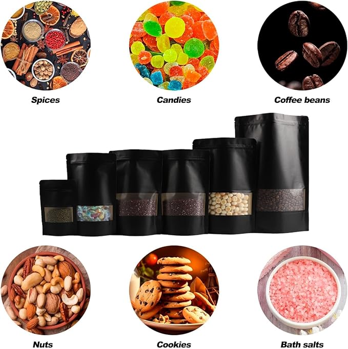 100 Pack Bags, Resealable Bags with Clear Window, Stand-up Bags for Sealing Storage, Scratch Resistant Hand Storage Bags. (Black, 5.9×9.05 Inch)