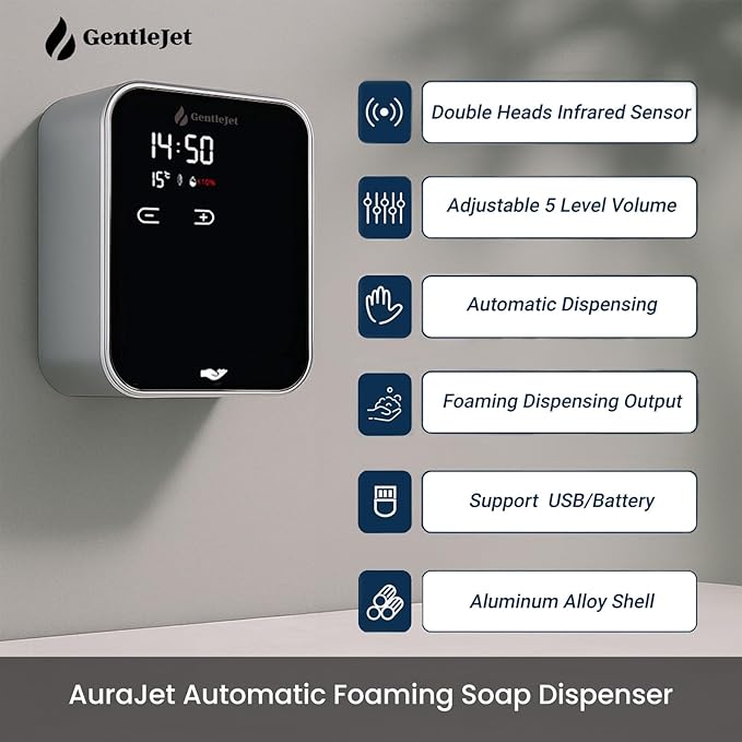 AuraJet Automatic Foaming Soap Dispenser, LED Display, Aluminum Alloy Body, 5 Foam Levels Adjustable, USB-C or Battery Powered, 16.2 oz Automatic Soap Dispenser Touchless Wall Mount