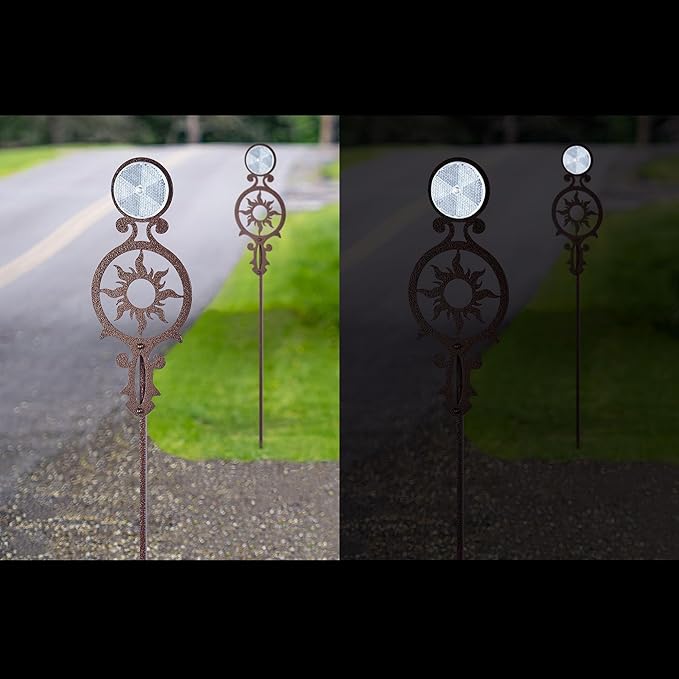 Touch of Class Pathways Reflective Driveway Marker Stake Set of Two for Outdoor Use | Radiating Sun Design | Personalized Tall Reflector Set of 2 | Weathered Bronze Durable Finish