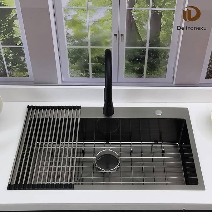 33 Inch Black Kitchen Sink Drop In – Delironexu 33x19 Drop In Kitchen Sink, 16 Gauge Black Stainless Steel sink Top Mount, Single Bowl kitchen Sinks with 4 Accessories