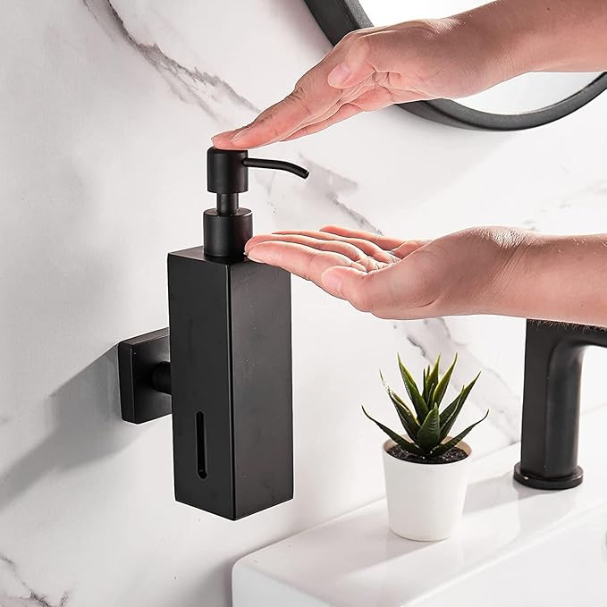 Soap Dispenser Stainless Steel Wall Mounted Soap Dispenser with Pumps Drill-Free Rustproof Shower for Kitchen and Bathroom, Black, Square, Wall Mounted