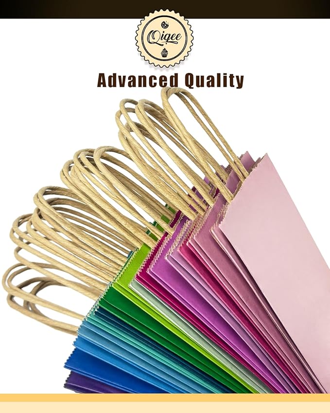 qiqee 32-Packs Paper Bags with Handles Bulk 8.26"×6"×3.15" Small Gift Bags 16 Different Senior Light Color Bags Multiple Uses（Small Size）