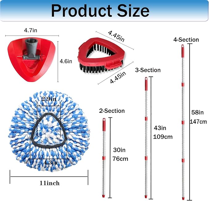 Spin Mop Replace Heads for O Cedar Rinse Clean 2 Tank System, Spin Mop Replacement Head 2 Microfiber Mop Refills, 1 Triangle Head Cover and 30-58in Handle 1 1Scrub Brush