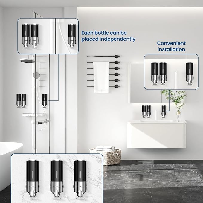 Shampoo and Conditioner Dispenser,Dispensers for The Shower,Shower Soap Dispenser 3 Chamber No Drill,Shampoo Conditioner Body Wash Dispenser Wall Mount for Bathroom(Triple x 17.6 oz,Black)