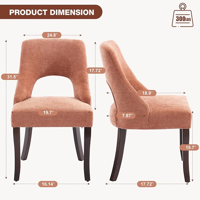 UVV Wooden Dining Chairs Set of 4, Mid Century Modern Upholstered Dining Room Chair Kitchen Chairs, Chenille Dinner Chair with Solid Wood Legs for Kitchen Dining Room, Orange-Chenille