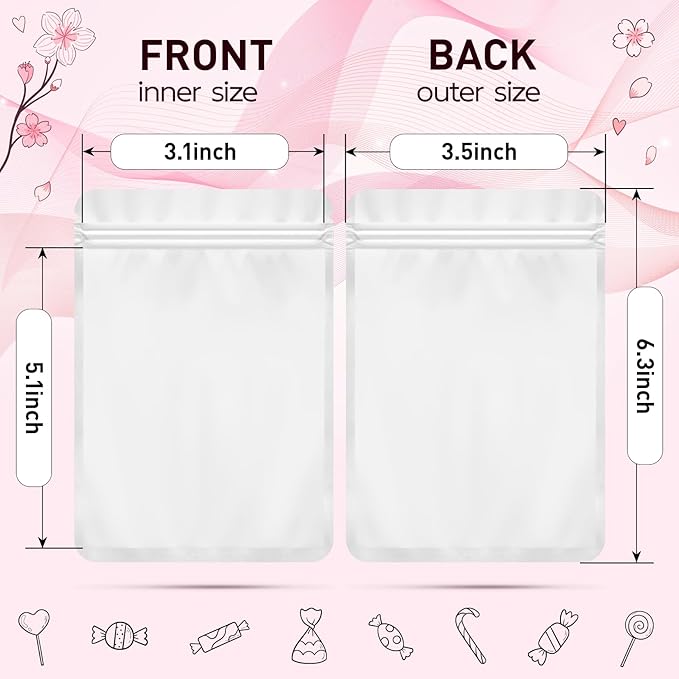 Funfery 100 Pack White Mylar Packaging Bags Resealable Bags Double Sided Color Odor Proof Pouch Baggies Smell Proof Foil Bag for Food Storage,Small Business(White,3.5x6.3inch)
