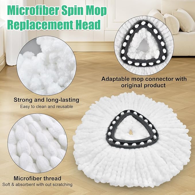 Spin Mop Heads Replacements for O Ceda EasyWring 1-Tank System, 2 Microfiber Mop Head Refills, 4-Section Iron Handle, 1 Base and 1 Scrub Brush Combo Set for Floor Cleaning