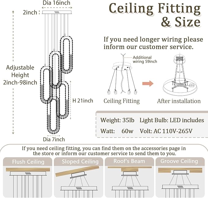 5 Rings Crystal Chandeliers for Staircase Large Pendants Light Fixture Silver High Ceiling Chandelier for Entryway Bedroom Foyer 2700K-6000K