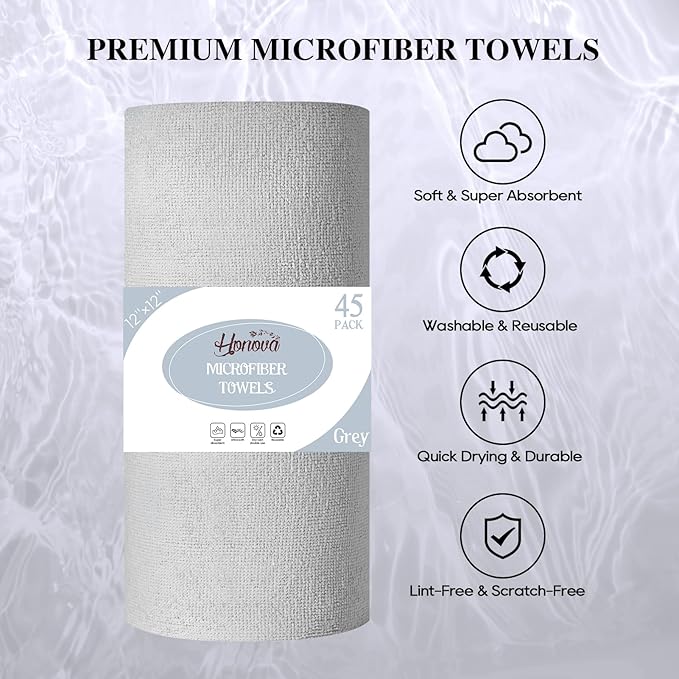 HONOVA Microfiber Cleaning Cloth Roll-90 Pack, Tear Away Microfiber Towels, 12" x 12", Reusable, Washable, Scratch Free, Highly Absorbent Dish Rags for Car, Home, Garage or Shop(Pink&Grey)