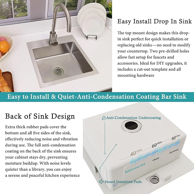 15 Inch Drop In Bar Sink – Delironexu 18 Gauge Stainless Steel Small Kitchen sinks & Small Bar Sink, 15"x15" Wet bar sink with 2" Drain Hole, Brushed Finish, Ideal for RV, Prep, and Outdoor Use