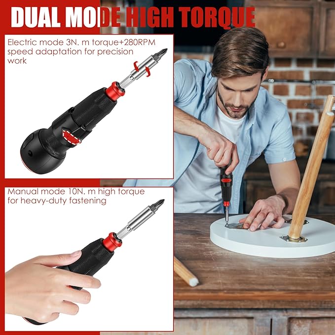 Cordless Electric Screwdriver, 3.6V Portable Power Screwdriver with LED Light & 9 Bits, USB Rechargeable-Dual Mode(3N.m/10N.m) High Torque Electric Ball Grip Screwdrivers for DIY Repair
