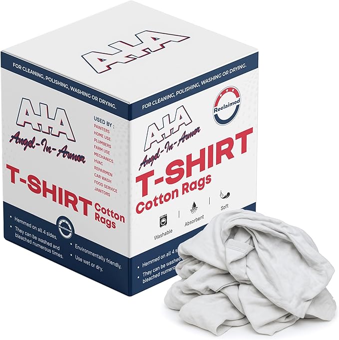 Angel-in-Armor White T-Shirt Rags – 50lb Bulk Box of Recycled Cotton Knit Shop Rags (650 Units) – Low Lint Cleaning Cloths for Mechanics, Oil Changes, Industrial and Commercial Use