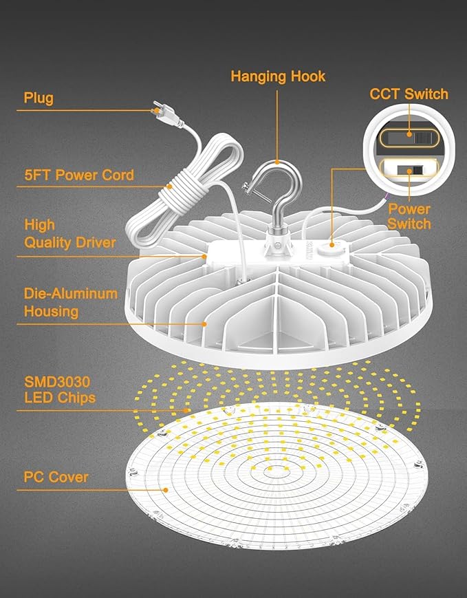 10 Pack High Bay LED Lights ETL DLC Listed Adjustable 240W/190W/140W 4500K/5000K/5700K Dimmable UFO LED Shop Light for Gym Factory Warehouse