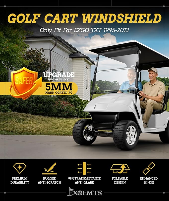 Golf Cart Windshield for EZGO TXT 1995-2013 Gas & Electric, 40.7" W X 28.3" H, 3/16" Thick PC, Foldable Front Windshield with Heavy Duty Hinge, Anti-UV, Impact Resistant, Scratch Resistant