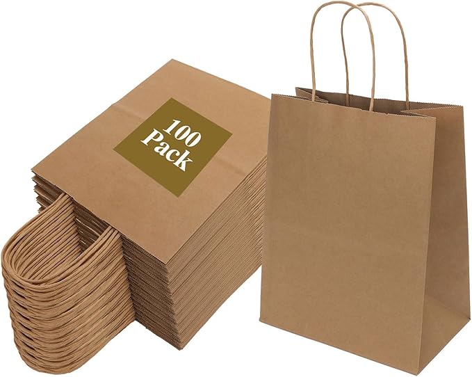 100 Pack 8x4.75x10 Inch Medium Brown Paper Bags with Handles Bulk, Joybe Kraft Paper Gift Bags for Birthday Party Favors Grocery Retail Shopping Business Goody Craft Blank Sacks (Plain Natural 100pcs)