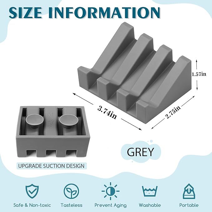 Silicone Soap Dish with Drain, Upgrade Double Suction Cups at The Bottom for Anti-Slip and Stability, Soap Dish Shower Waterfall Bar Soap Holder Tray with Drain Soap Holder (3, Grey)