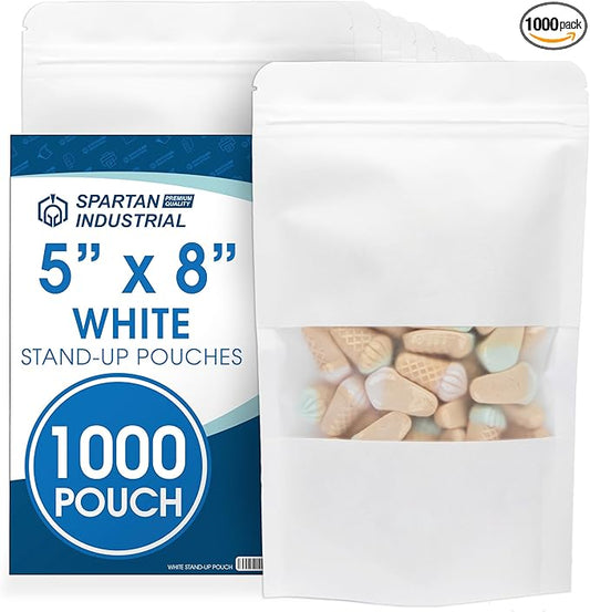 Spartan Industrial - 5" X 8" White Zip Top Food Bags - Pack of 1000 Resealable Smell-Proof Pouches for Packaging Coffee, Tea, Spices, Snacks, and More