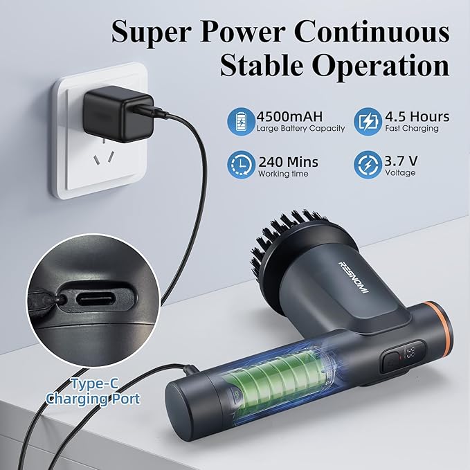 Electric Spin Scrubber, ‌Cordless Cleaning Brush with 6 Replaceable Heads‌, ‌2 Speeds & 4-Hour Runtime‌, IPX7 Waterproof, Shower Scrubber with LCD Display, ‌Bathroom, Kitchen, Car, Gray-Black