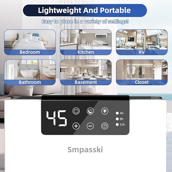 Dehumidifier, Dehumidifiers for Home(1000sq.ft), 98 OZ Water Tank, Dehumidifier Washable Air Filter, Dehumidifiers for Basement Bedroom Bathroom, Auto Shut Off, Timer Setting, 7 Colors Light, White