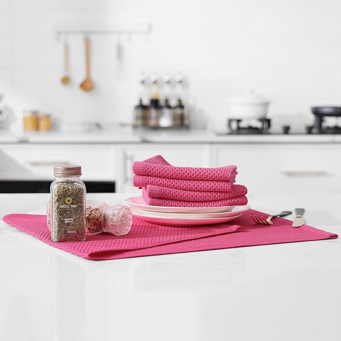 Kitinjoy 100% Cotton Waffle Weave Kitchen Towels, 6-Pack Super Soft and Absorbent Dish Towels for Drying Dishes, Kitchen Hand Towels, 13 in x 28 in, Hot Pink