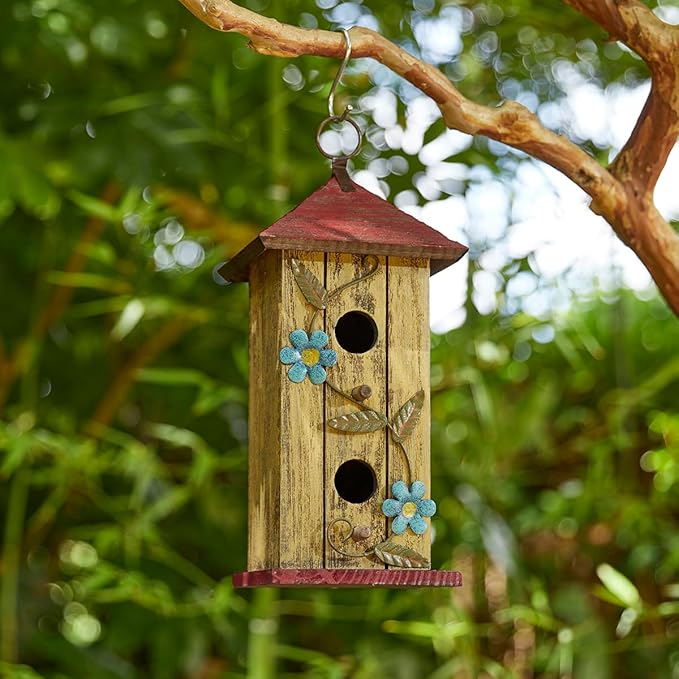 Glitzhome Bird Houses for Outside,11.75"H Solid Wood Hanging Birdhouse,Washed Yellow Distressed Decorative Outdoor Garden Birdhouses with 3D Metal Flower for Swallow Sparrow Hummingbird Finch Cardinal