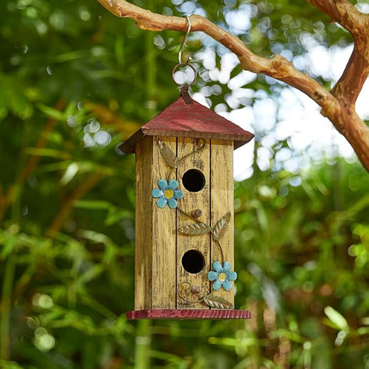 Glitzhome Bird Houses for Outside,11.75"H Solid Wood Hanging Birdhouse,Washed Yellow Distressed Decorative Outdoor Garden Birdhouses with 3D Metal Flower for Swallow Sparrow Hummingbird Finch Cardinal