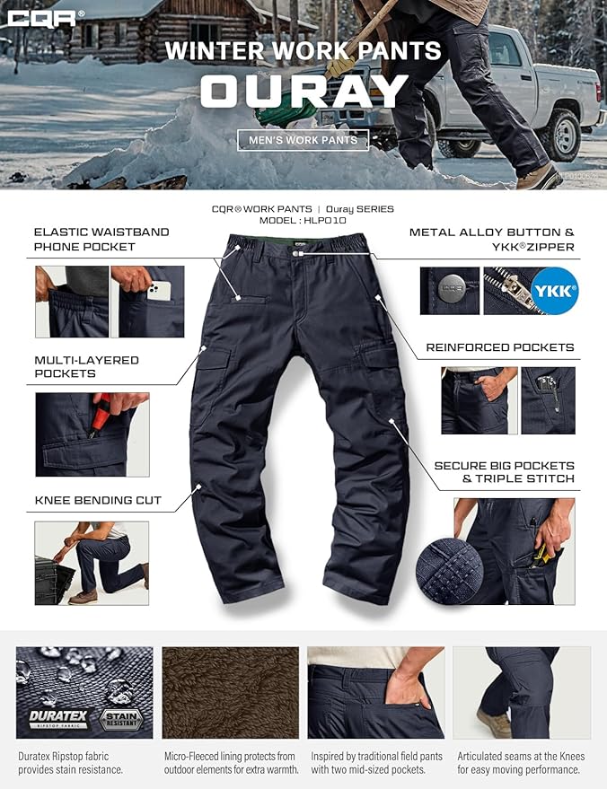 CQR Men's Winter Tactical Cargo Pants, Thermal Fleece Lined Outdoor Snow Ski Hiking Work