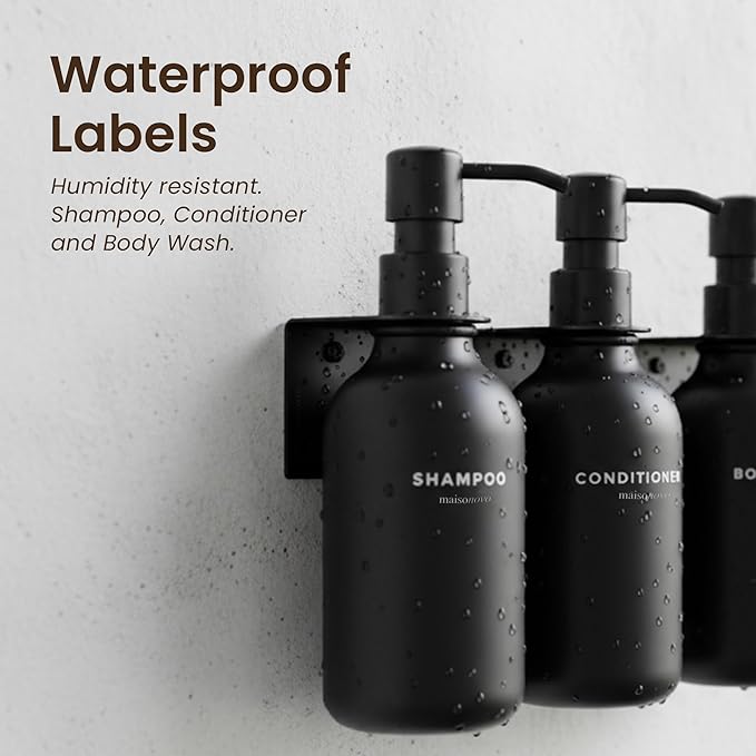 MaisoNovo Shampoo and Conditioner Dispenser - Shower Soap Dispenser Wall Mounted - 16.9 fl oz Set of 3 Black Plastic Bottles Black Pump - Shampoo Dispenser, Shower Dispenser